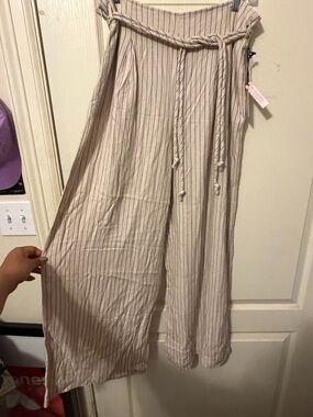 Striped Taupe Wide-Leg Pants with Braided Rope Belt